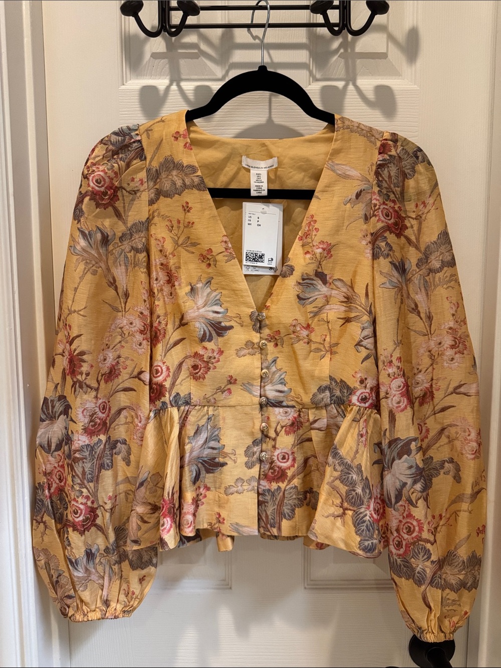 H&M Floral V-Neck Linen Blend Peplum Blouse